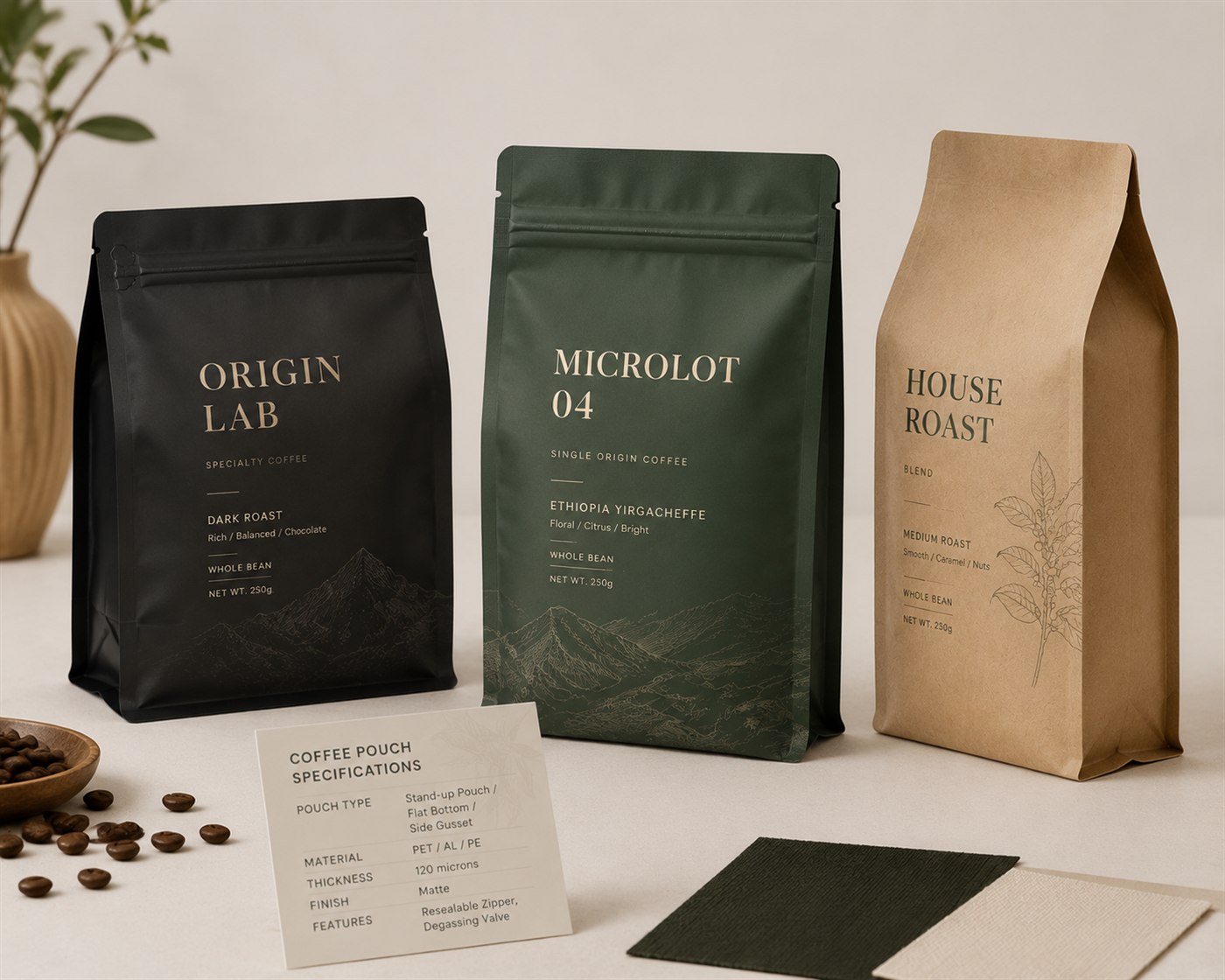 Anonymous specialty coffee packaging case study with multiple custom pouch formats