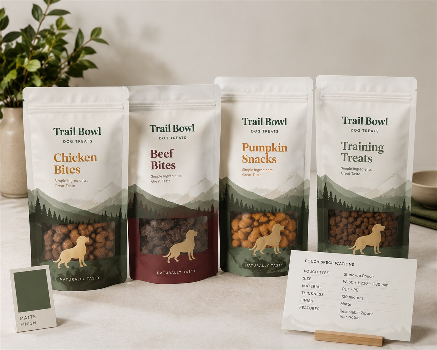 Anonymous pet treat packaging case study with multi-flavor stand up pouches
