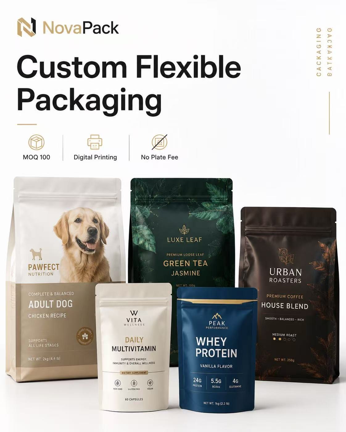 NovaPack custom flexible packaging for pet food, coffee, supplements, and specialty brands