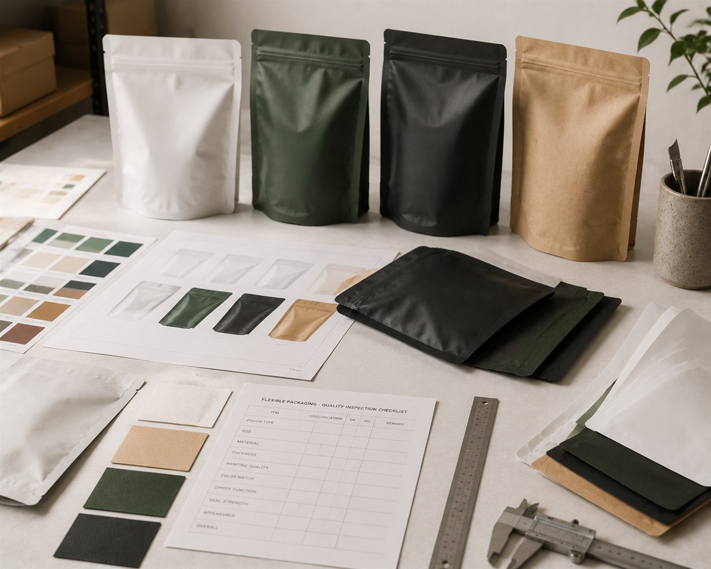 Flexible packaging sample review table with pouch samples, material swatches, and quality checklist